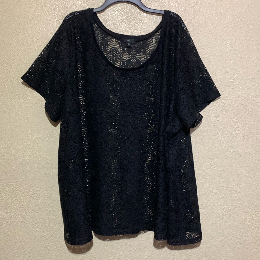ellos Top Blouse 4X Top Lace Blouse Black Floral Short Sleeve Polyester Pullover